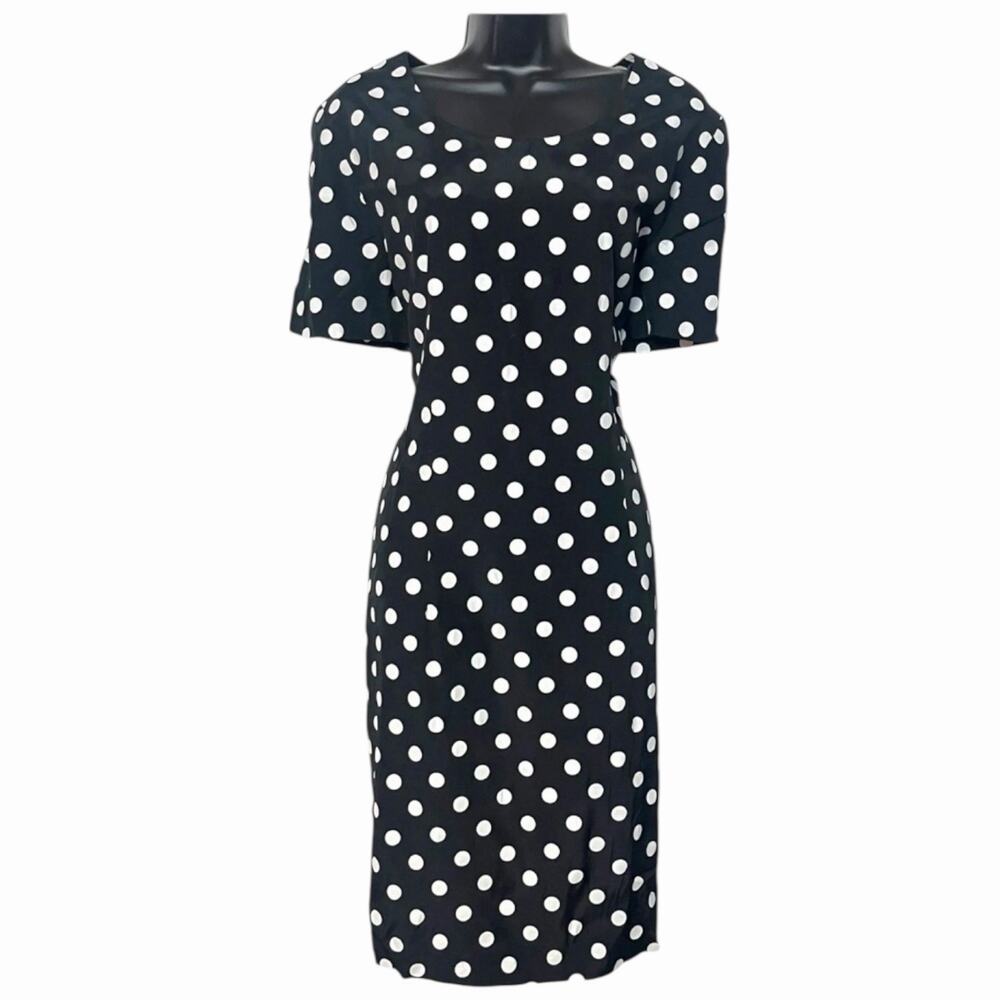 VTG 90s MIDI SHEATH PENCIL DRESS BLACK & WHITE RETRO POLKA DOT PINUP GACCINA M